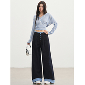 常规&加 女 Vogue 蓝格仔翻边｜时髦韩味｜拼接蓝格阔腿牛仔裤