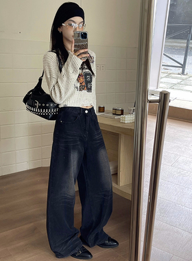 Mike黑灰色牛仔直筒裤女2025早秋新款设计感美式复古阔腿拖地裤