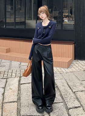 点赞P2#黑色皮裤女美德拉新款直筒显瘦休闲裤软PU皮宽松阔腿裤女