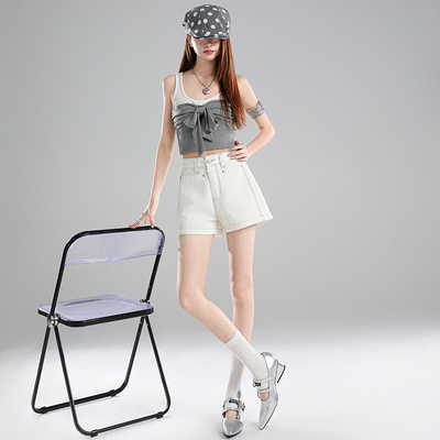 Mike&米白色牛仔短裤女2026春季新款设计感撞色线A字时尚前袋裤子