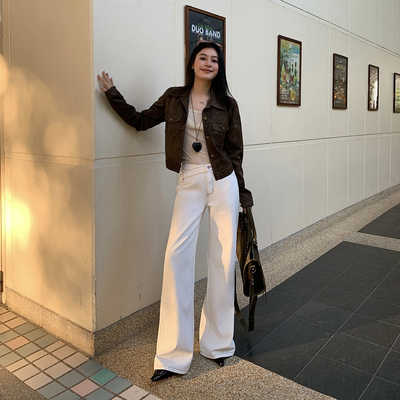 SLKK 美式复古V腰明线设计感微宽松直筒喇叭白色显瘦牛仔裤女