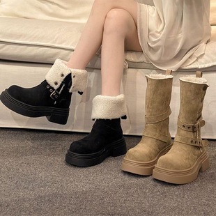 骑士靴 小个子厚底马丁短靴2025新款 牛皮 两穿美拉德加绒靴子女款