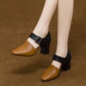 单鞋 女春夏粗跟半包头凉鞋 春款 女鞋 2025年新款 真皮鞋 一字扣高跟鞋