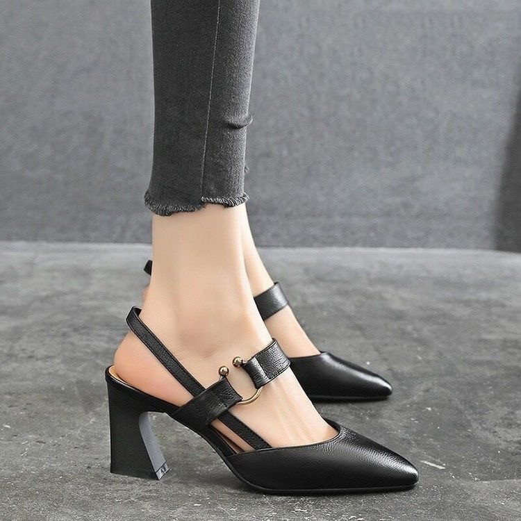 真皮包头凉鞋女2024年新款春夏季中跟尖头女鞋一字扣粗跟高跟单鞋,女鞋,时装凉鞋,淘宝优惠券,粉丝福利购,淘宝优惠卷