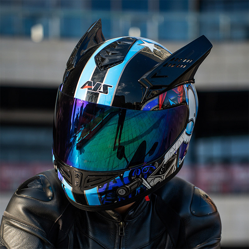 艾狮男女摩托车头盔个性犄角四季冬季电动全盔机车安全帽灰3c认证