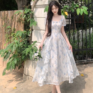 胖mm收腰显瘦气质优雅长裙 温柔仙女碎花方领连衣裙女夏季 大码 法式