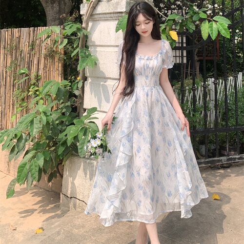 大码法式温柔仙女碎花方领连衣裙女夏季胖mm收腰显瘦气质优雅长裙