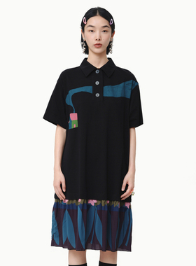 MOVEUP幻走2025春季新款.FUN系列翻领印花中长款黑色针织连衣裙女