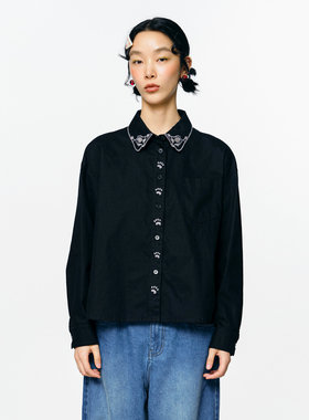 MOVEUP幻走2025秋季新款.FUN系列纯棉猫咪绣花贴袋短款衬衫女