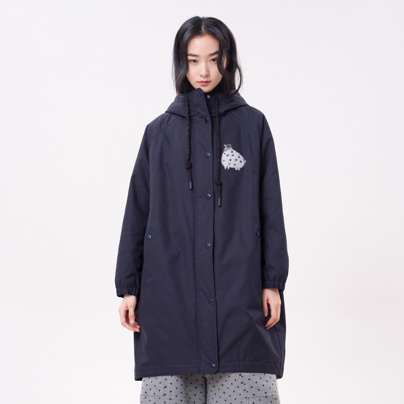 MOVEUP幻走2026冬季新款加厚棉衣连帽落肩绣花口袋长款棉服外套女