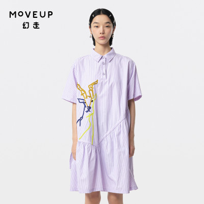 MOVEUP幻走2024夏季新款.FUN系列条纹彩色小鹿绣花设计师连衣裙