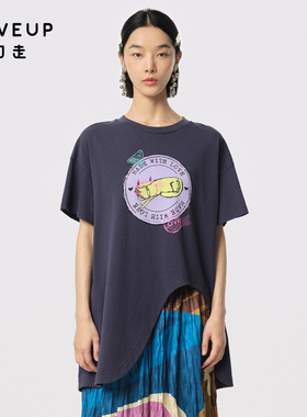 MOVEUP幻走2024夏季新款.FUN系列圆领印花设计师纯棉中长款T恤女