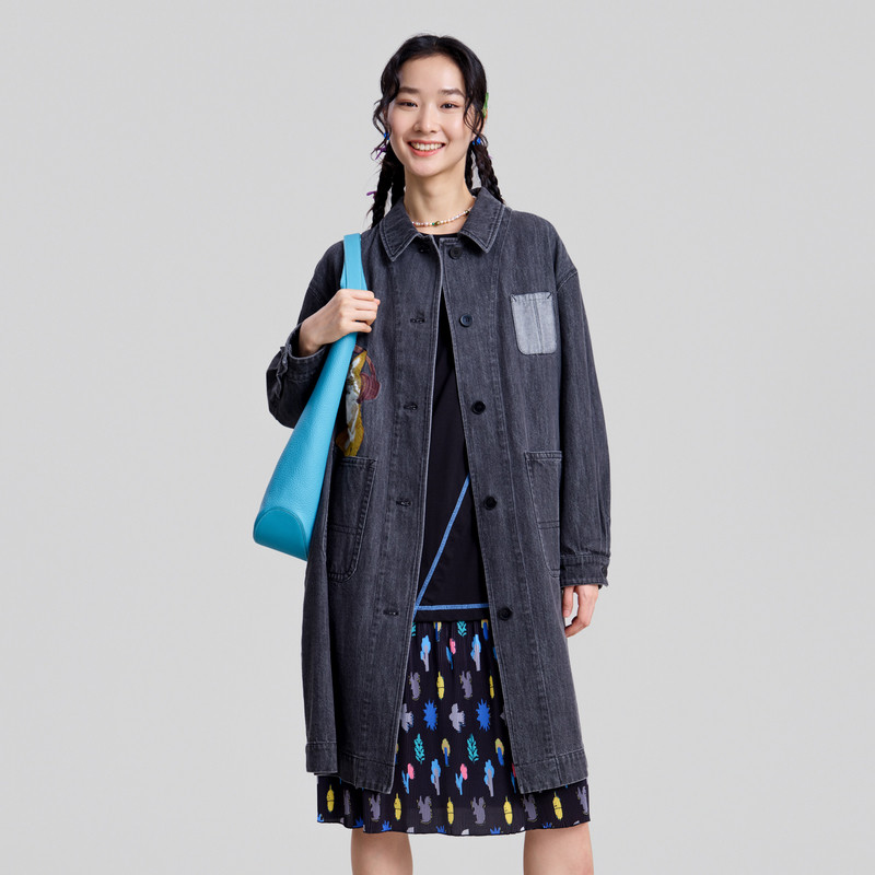 MOVEUP幻走2026春季新款.FUN系列猫咪贴布绣贴袋宽松牛仔外套女,女装/女士精品,短外套,淘宝优惠券,粉丝福利购,淘宝优惠卷