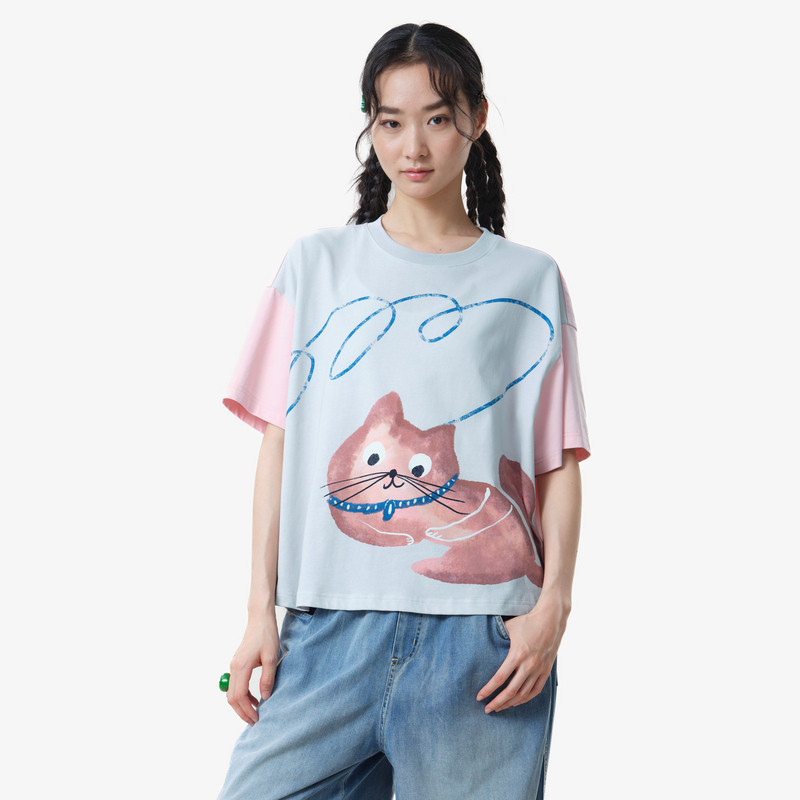 MOVEUP幻走2026夏季新款.FUN系列纯棉小落肩印花短袖短款T恤女