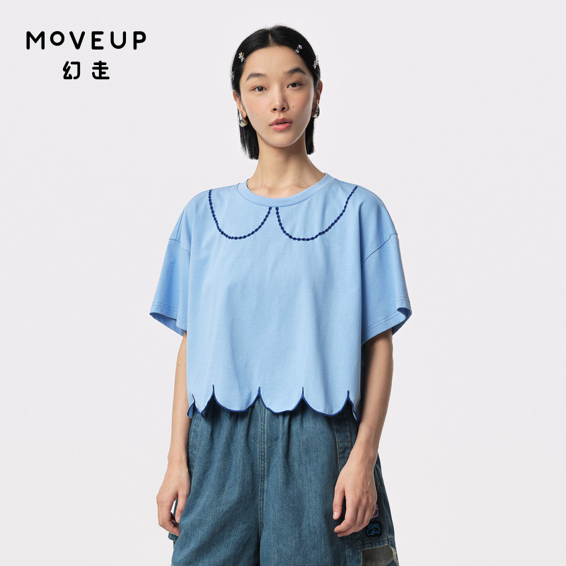 罗纹圆领 仿娃娃领 包边绣