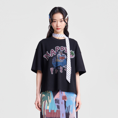 MOVEUP幻走2026春季新款圆领草莓印花通勤短款上衣宽松短袖T恤女