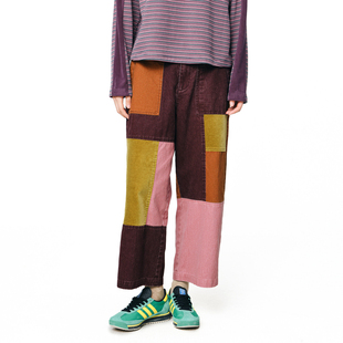女 .FUN系列纯棉松紧腰方块撞色休闲直筒裤 MOVEUP幻走2025秋季 新款