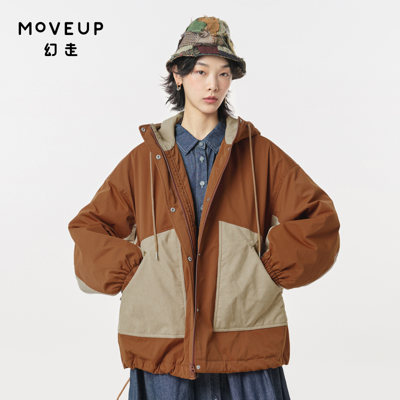 MOVEUP幻走2023秋季新款.FUN系列拼接绣花设计师中长款棉服外套女