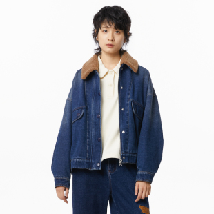 MOVEUP幻走2024冬季 .FUN系列撞色毛毛领复古设计师牛仔外套女 新款