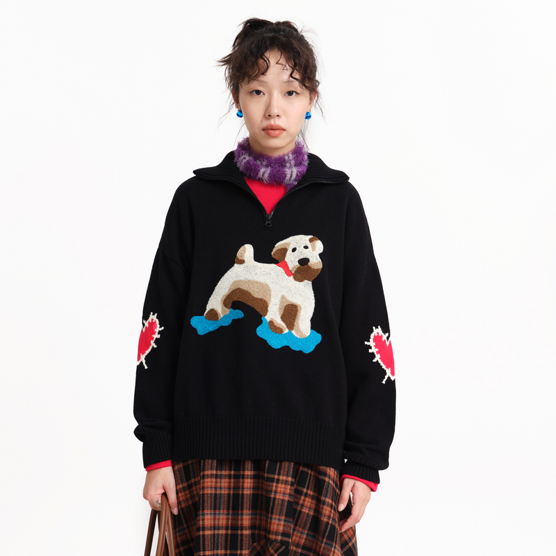 高领、拉链、毛巾绣