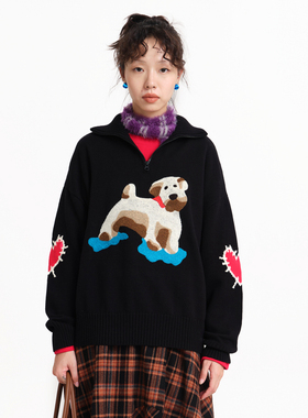 MOVEUP幻走2025冬季新款.FUN系列高领拉链毛巾绣狗狗短款针织衫女
