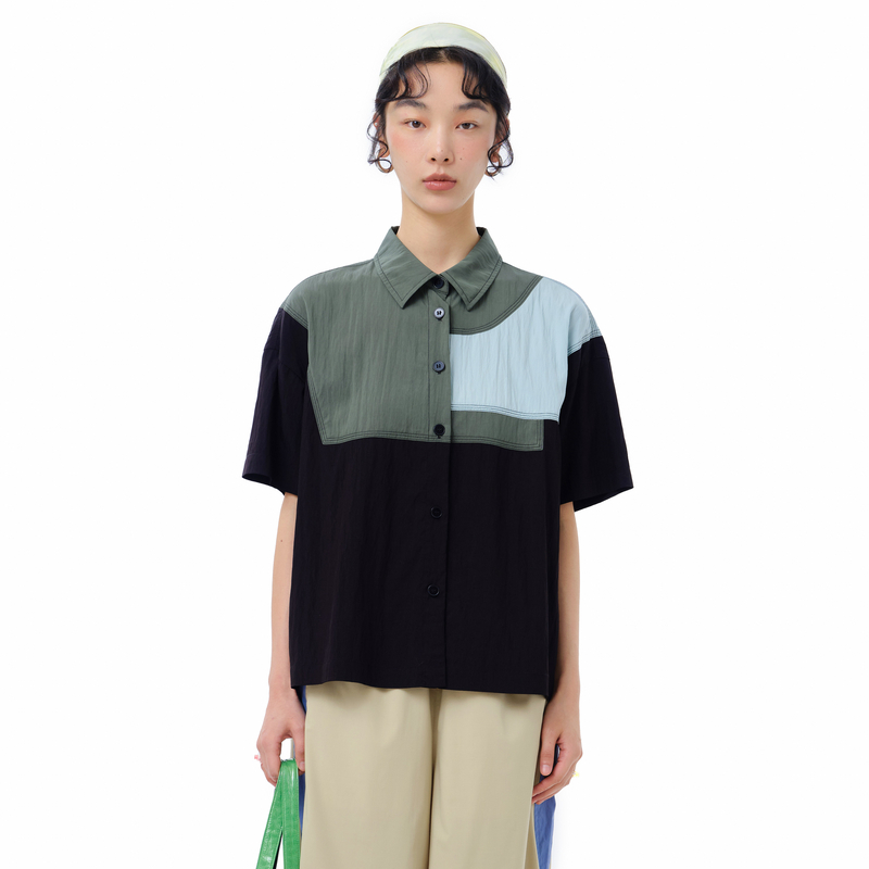 MOVEUP幻走2025夏季新款.FUN系列撞色拼接设计师休闲短款衬衫女