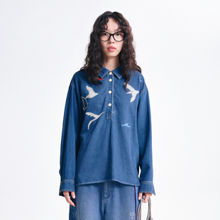 MOVEUP幻走2026春季新款.FUN系列莱赛尔半开门筒绣花短款衬衫女