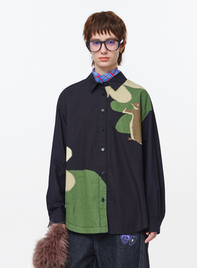 MOVEUP幻走2025秋季新款.FUN系列纯棉翻领印花工字褶中长款衬衫女