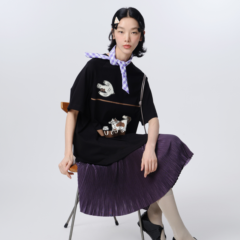 MOVEUP幻走2025夏季新款.FUN系列圆领印花压褶纯棉针织显瘦连衣裙