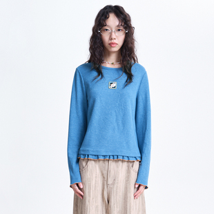 MOVEUP幻走2026春季新款.FUN系列圆领章仔撞色荷叶花边短款T恤女