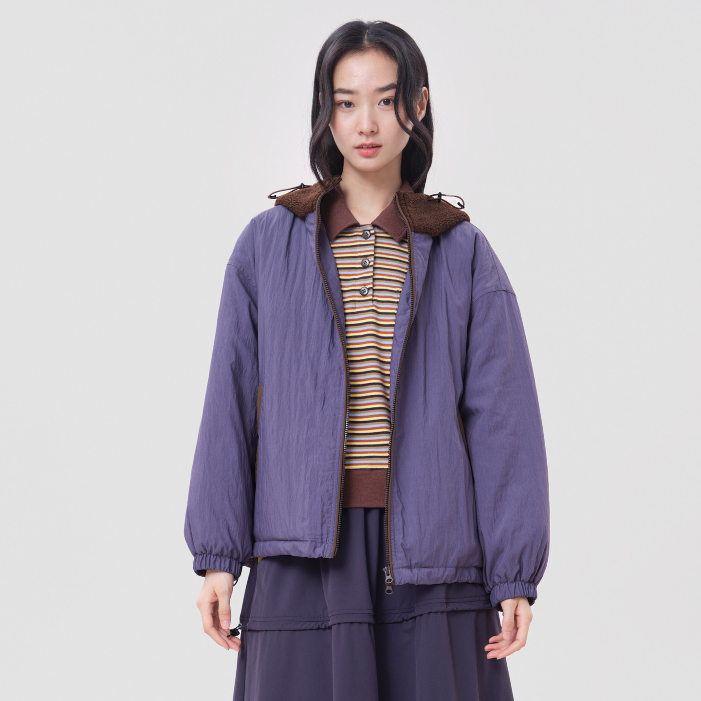 MOVEUP幻走2026冬季新款.FUN系列毛绒连帽口袋绣花短款棉外套女
