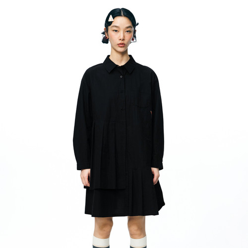 MOVEUP幻走2025秋季新款.FUN系列贴袋猫咪印花倒褶梭织连衣裙