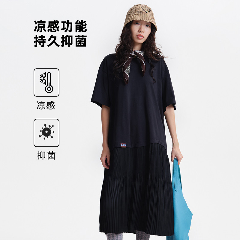 MOVEUP幻走2026春季新款.FUN系列圆领小巧织唛压褶雪纺针织连衣裙