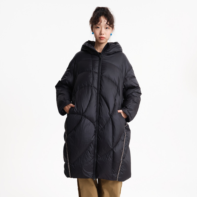 MOVEUP幻走2025冬季新款.FUN系列连帽撞色织带鸭绒长款羽绒服女