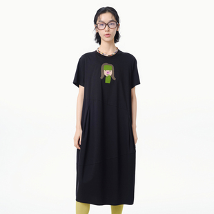 新款 MOVEUP幻走2025夏季 .FUN系列纯棉圆领印花口袋针织连衣裙