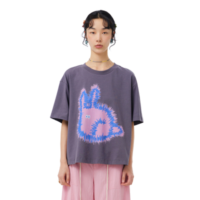 MOVEUP幻走2025夏季新款.FUN系列纯棉圆领炸毛兔印花短款T恤女