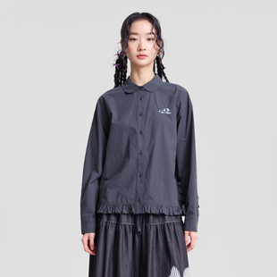 MOVEUP幻走2026春季新款.FUN系列花边绣花娃娃领长袖短款衬衫女