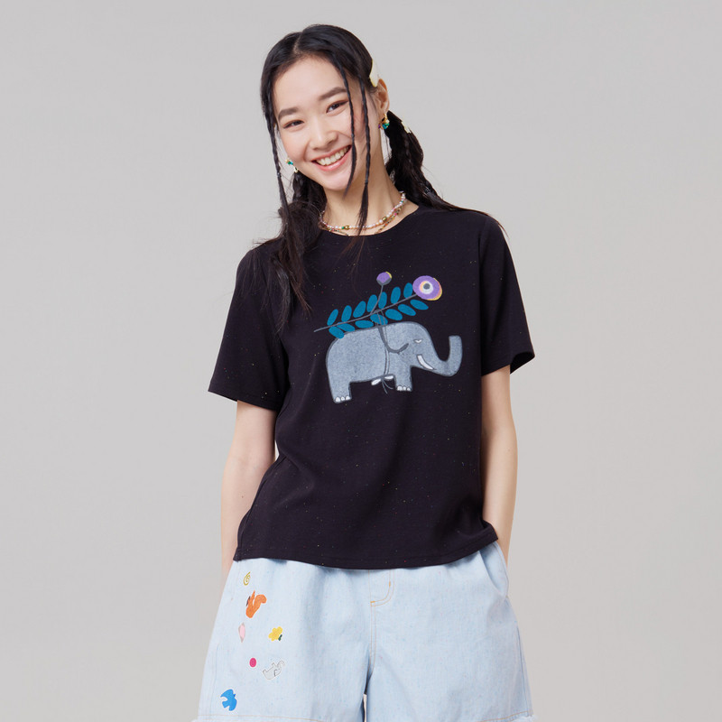 MOVEUP幻走2026夏季新款.FUN系列圆领正肩趣味印花彩点短款T恤女