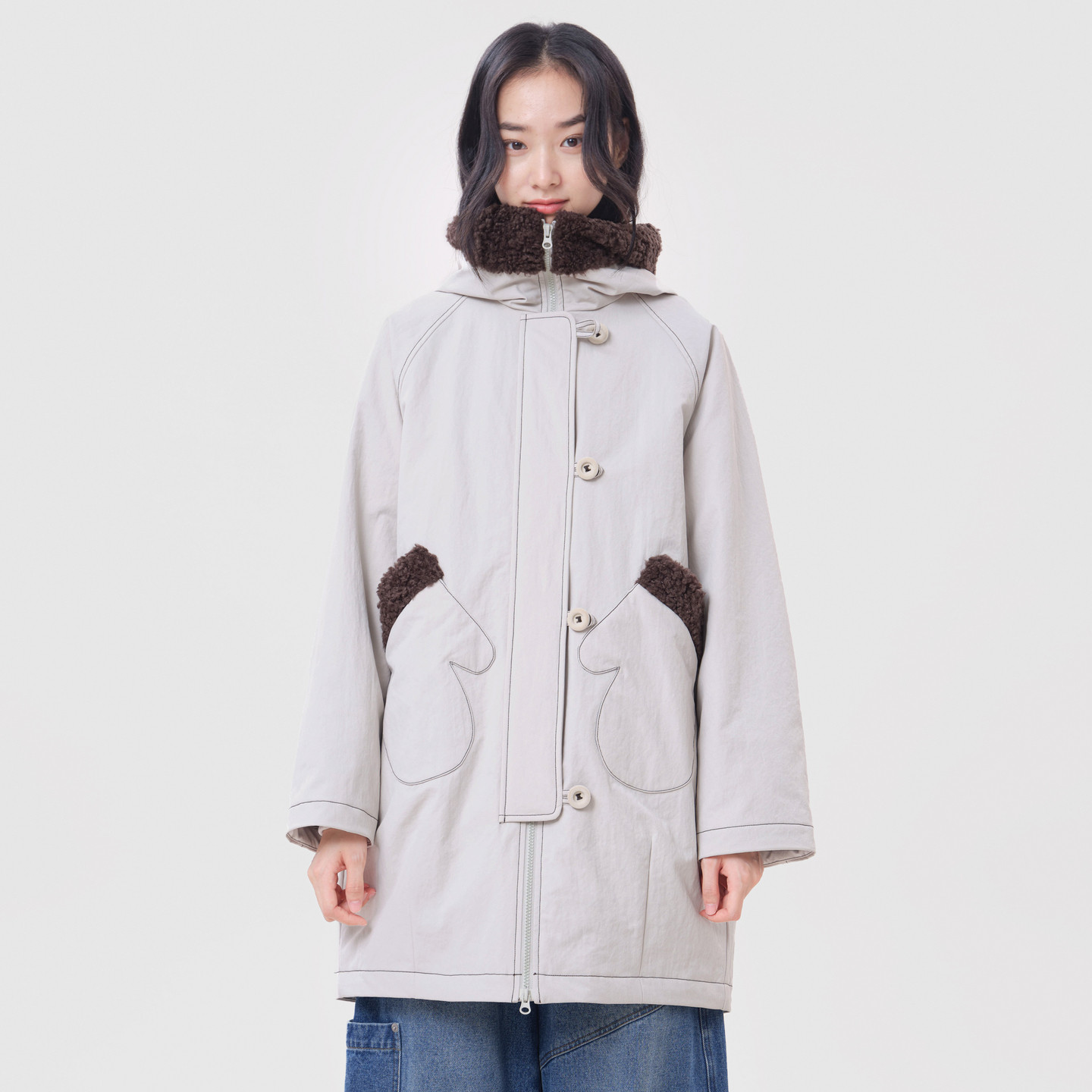 MOVEUP幻走2026冬季新款.FUN系列连帽手掌贴袋织唛中长款棉外套女