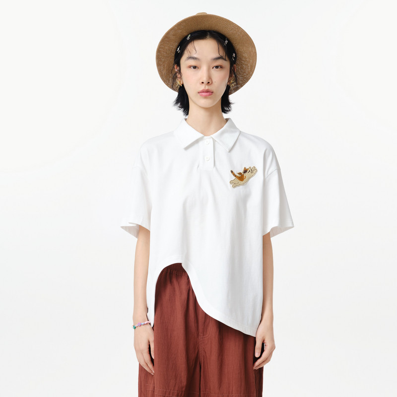 MOVEUP幻走2025夏季新款.FUN系列纯棉polo领绣花章仔短款T恤女