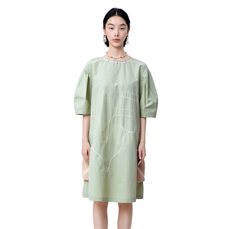 MOVEUP幻走2025夏季新品yangyang系列纯棉毛织口袋绣花梭织连衣裙