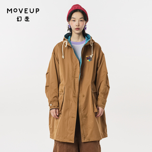 MOVEUP幻走2023秋季新款.FUN系列连帽绣花设计师撞色长款外套女