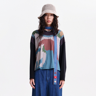 MOVEUP幻走2026春季新款.FUN系列圆领假两件毛织印花短款T恤女