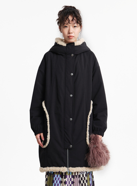 MOVEUP幻走2025冬季新款.FUN系列连帽毛绒撞布贴袋长款棉外套女