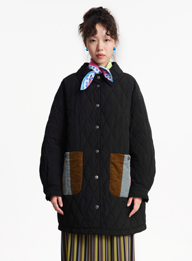 MOVEUP幻走2025冬季新款.FUN系列翻领撞色口袋四合扣中长款棉外套