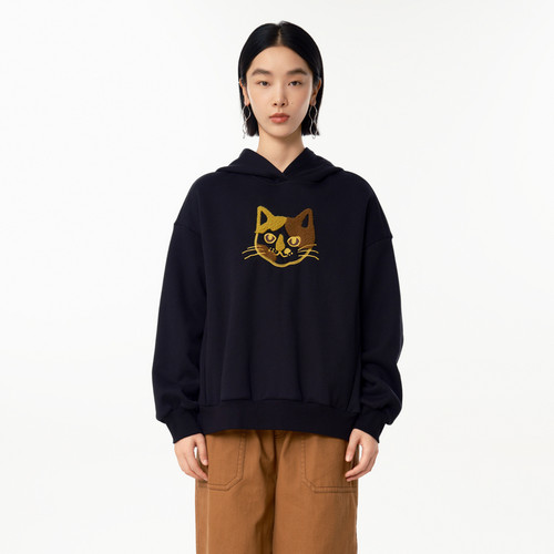 连帽 猫咪绣花 口袋