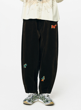 MOVEUP幻走2025秋季新款.FUN系列松紧腰绣花灯芯绒休闲直筒裤女