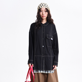 MOVEUP幻走2026春季新款.FUN系列莱赛尔织唛拼接格纹中长款衬衫女