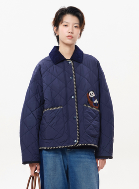 MOVEUP幻走2025冬季新款.FUN系列圆角领包边熊猫绣花短款棉外套女