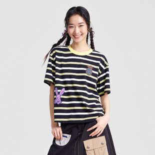 T恤女 .FUN系列纯棉圆领撞色条纹绣花短款 MOVEUP幻走2026春季 新款